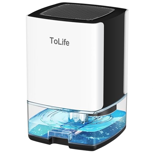 ToLife Dehumidifier 30 OZ Water Tank with Auto-Off 500 sq.ft Portable Small Dehumidifiers for Home Bathroom Bedroom RV Closet Room 7 Colors LED Light, White