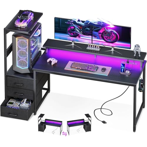 AODK 59 Inch Gaming Desk with USB Charging Ports & LED Light- Reversible Computer Desk with Storage Shelves & Monitor Stand, Modern Gamer Desk Table with Fabric Drawers & Side Hook, Carbon Fiber Black