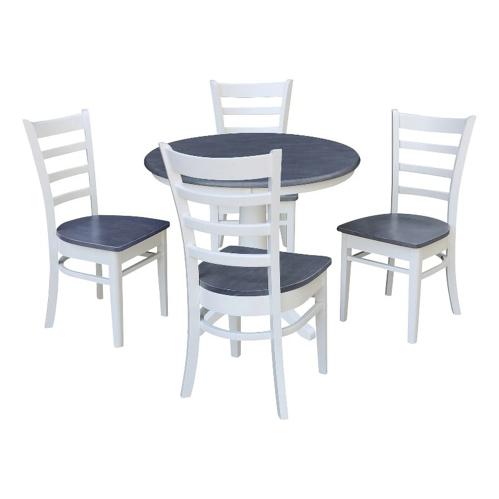 36 in Round Wood Pedestal Dining Table with 4 Chairs in White and Heather Gray