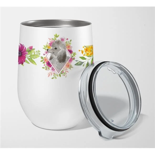12 oz Grey Standard Poodle Pink Flowers Stainless Steel Stemless Wine Glass