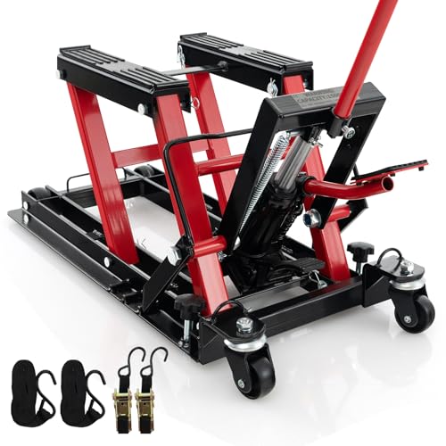 Goplus Motorcycle Lift, 1500 LBS Hydraulic ATV Scissor Jack with Footplates & Long Handle, 2 Ratchet Belts, 4 Wheels, 4.7”-15” Lifting Range, Motorcycle Jack Stand for Dirt Bike, UTV