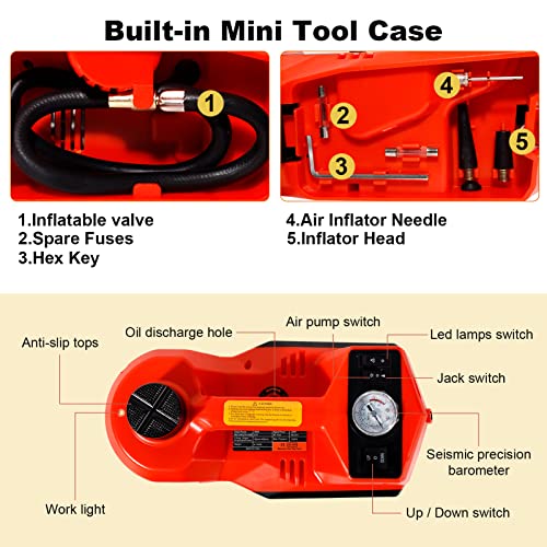 TYAYT 5 Ton Electric Hydraulic Car Jack Kit, Portable with LED Light, Compatible with Car, SUV, Truck, Lifting Range 6-17.7 Inches (Red)
