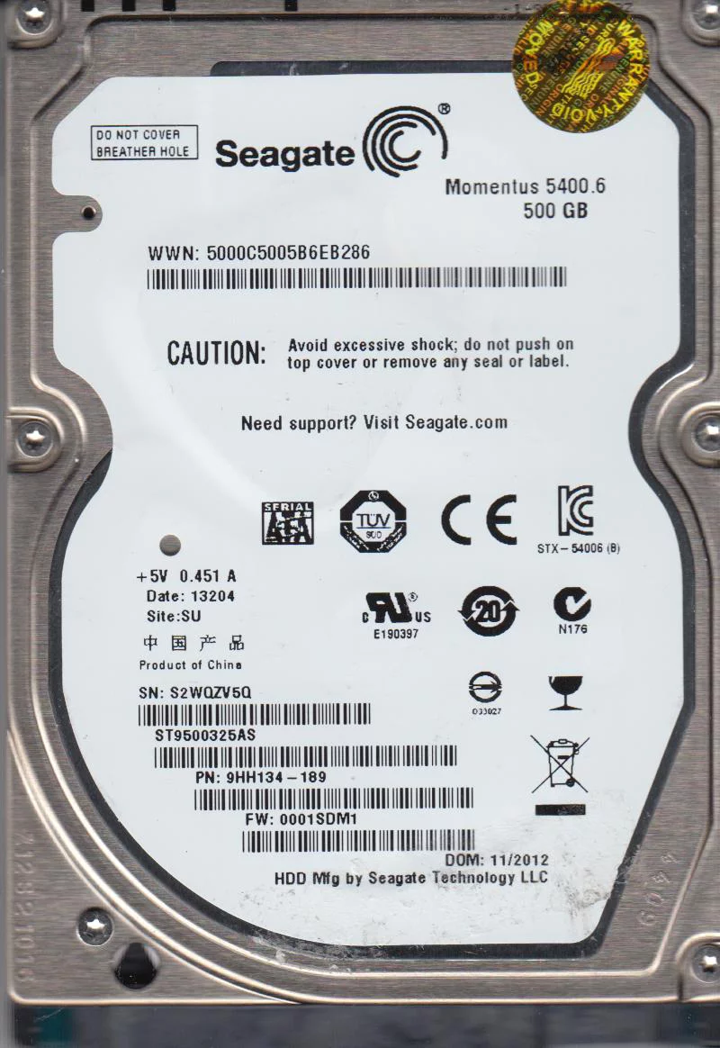 ST9500325AS, S2W, SU, PN 9HH134-189, FW 0001SDM1, Seagate 500GB SATA 2.5 Hard Drive