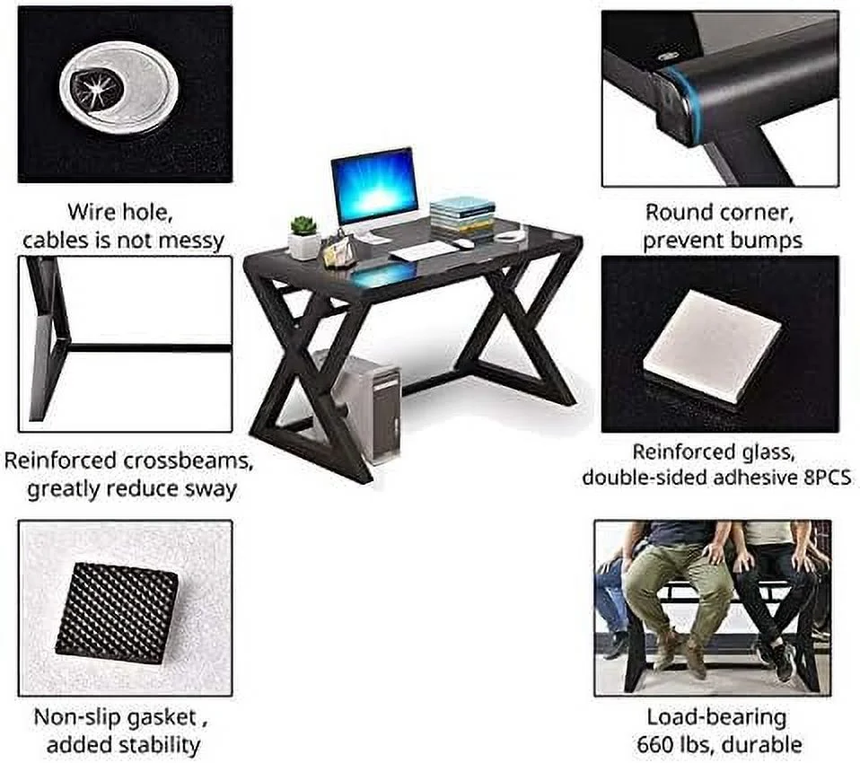 xrboomlife Home Office Desk and Chair Set  Breathable Mesh Computer Chair and Modern Glass Top Computer Desk with Metal Frame  Flip-Up Arms Foldable Backrest Rolling Swivel Chair  Home St