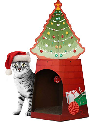 Christmas Cat House & Cat Scratcher w/Bonus Catnip Included