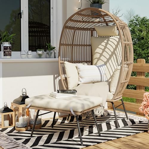 Oversize 360°Swivel Egg Chair Patio Rotating Rattan Egg Basket Lounge Chair, Wicker Egg-Shaped Chair w/Steel Frame Stand and 4 Cushions for Patio, Porch, Backyard, Living Room, Black
