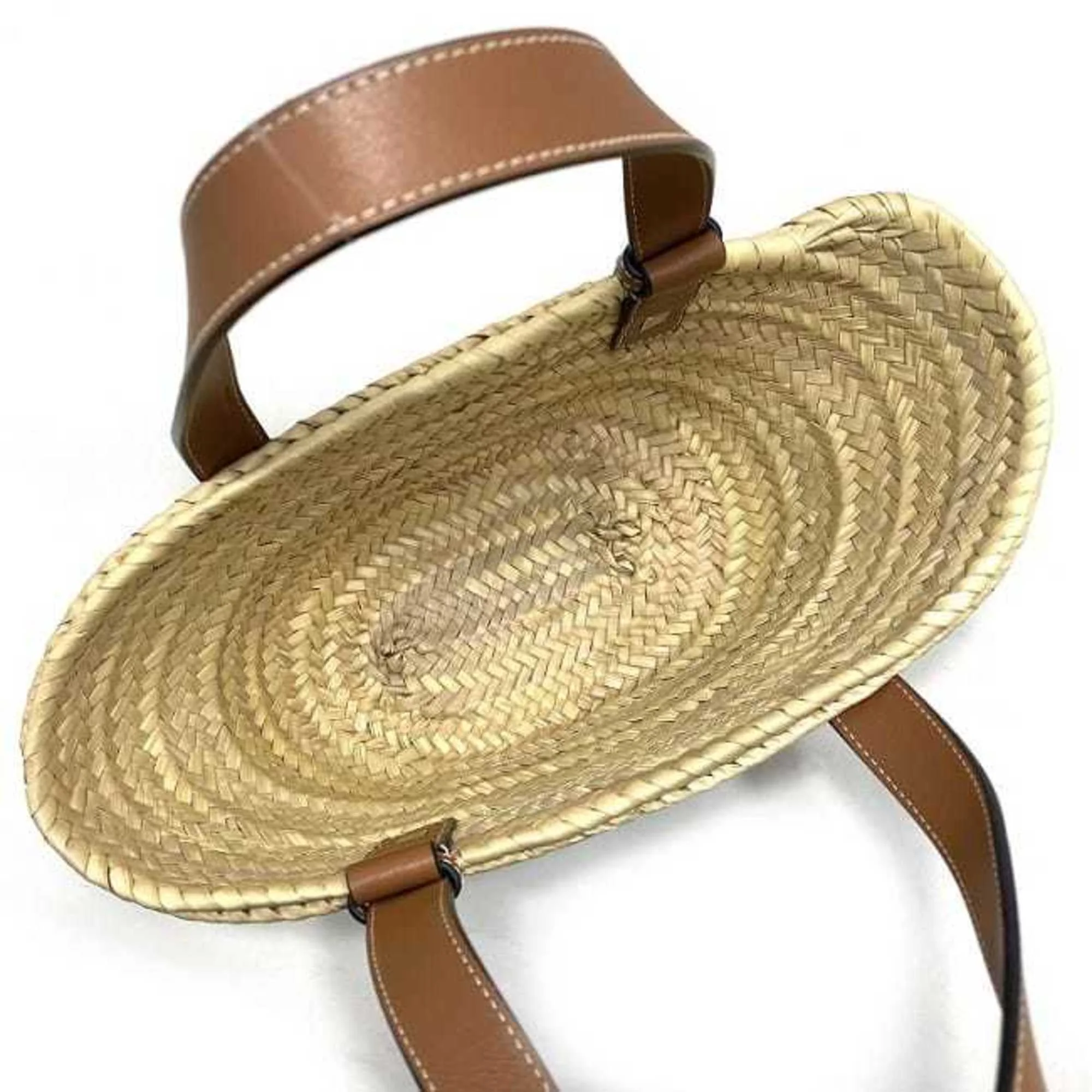 Pre-Owned Loewe Basket Bag Beige Brown Anagram 327.02.S93 Tote Palm Leaf Calf Leather LOEWE Straw Handbag (Good)