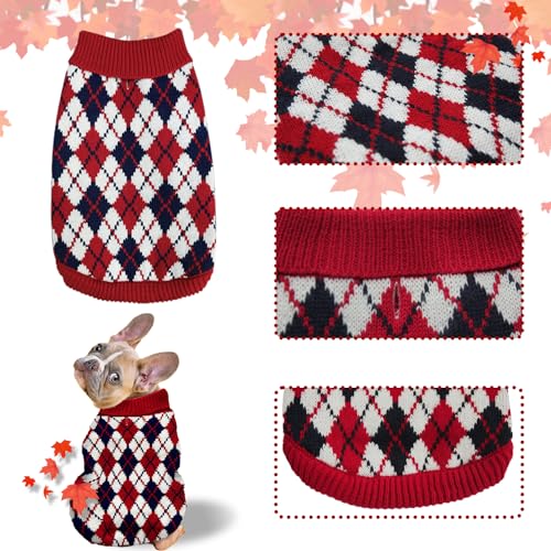 Dog Sweaters for Small Dogs,Christmas Argyle Winter Xmas Pet Clothes, Pet Shirts for Kitten Puppy,Red Boys Girls Winter Knitwear Warm Clothes Medium