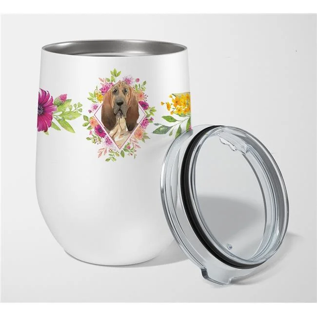 12 oz Bloodhound Pink Flowers Stainless Steel Stemless Wine Glass