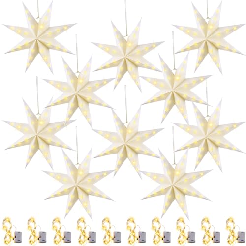 Baquler 10 Set 8-Pointed 12 Inch Paper Star Lanterns Christmas Hanging Lamp Decorations 3D Lampshade Hanging Decor with 10 LED Light for Xmas New Year(Red, Green, White)