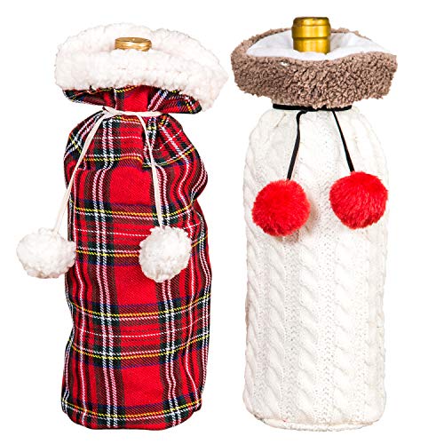 Topadorn Christmas Wine Bottle Sweaters Dress Covers Polyester Holiday Wine Bottle Cover Gift Bags for Party Table Decorations, 2 Pack