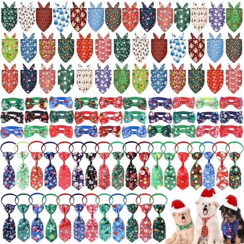 100 Pcs Christmas Dog Bandanas Bulk Christmas Dog Bow Ties Collar Set Cat Scarf Colorful Washable Triangle Pet Kerchief Cute Bib for Xmas Pet Costume Accessories Decoration