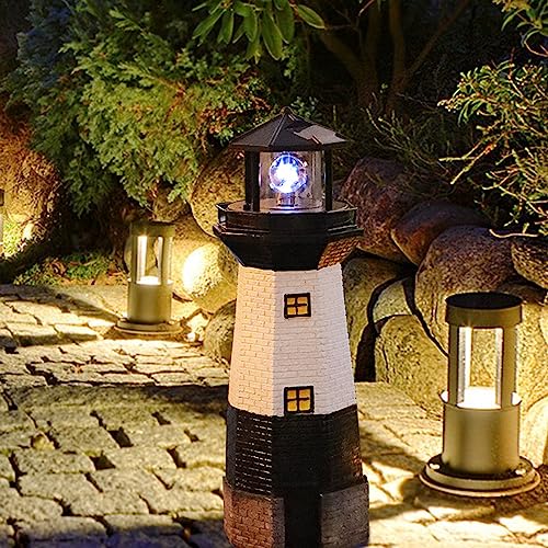 11'' Solar Powered Lighthouse Garden Light Solar Lighthouse Statue with Spinning Light for Outdoor Patio Yard Garden Pool Lawn Decoration