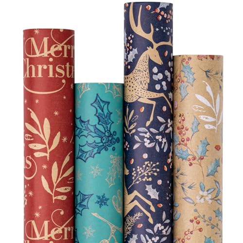 RUSPEPA Christmas Kraft Wrapping Paper - Owl, Reindeer, Christmas Ball and Text Design - 4 Rolls - 30 inches x 10 feet per Roll