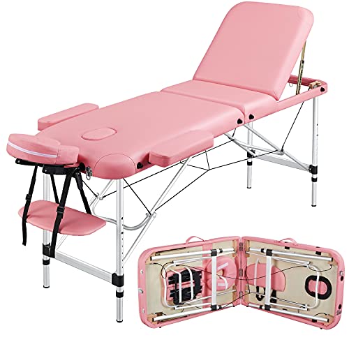 Yaheetech Massage Tables Portable Tattoo Table Adjustable Lash Bed Aluminium 3 Folding Spa Bed with Non-Woven Bag 28 inch Wide Black