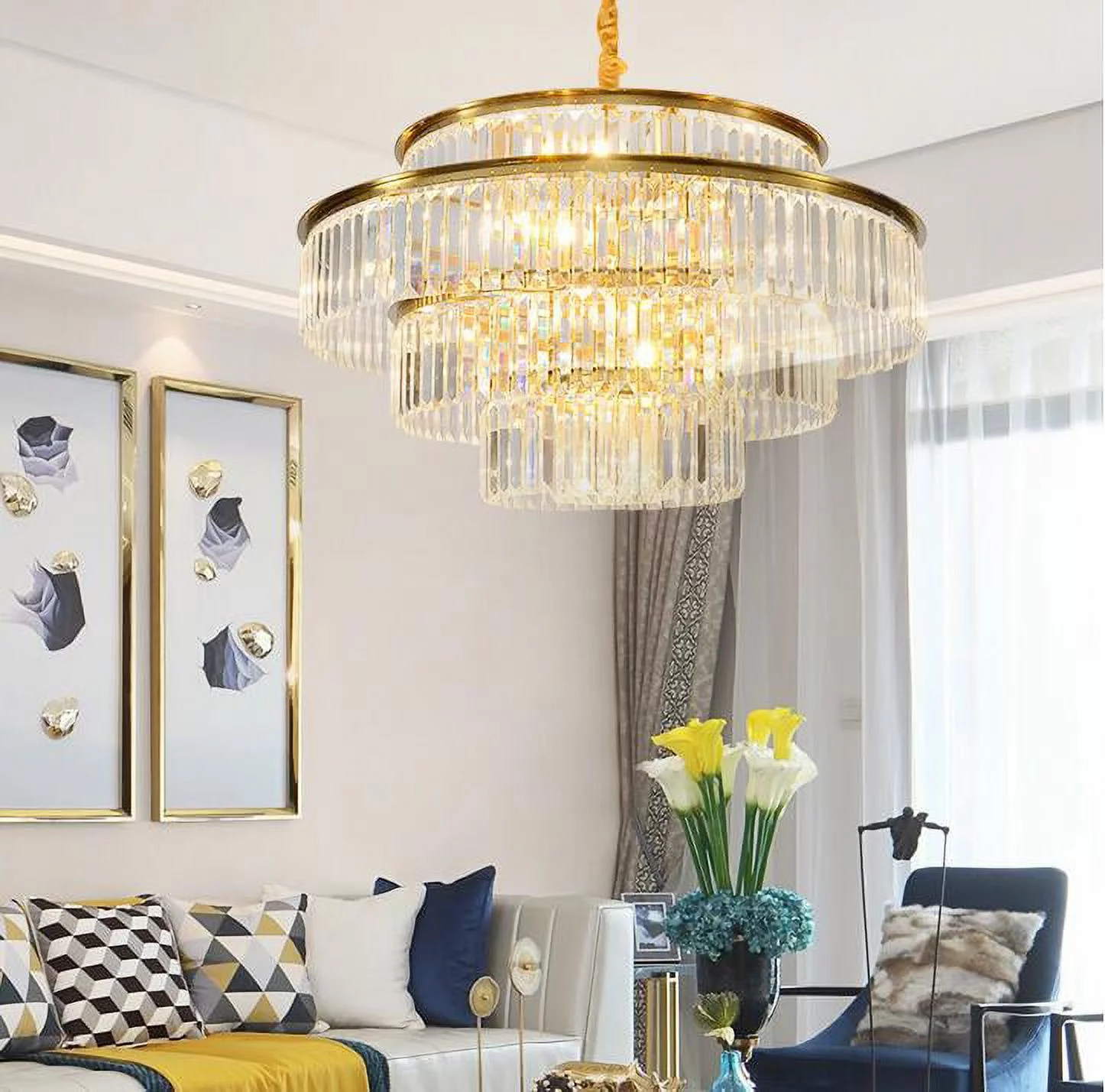AFANQI 24 inch Gold 4 Layers Crystal Chandelier, Modern Ceiling Lamp, Gold Pendant Light for Living Room, Dining Room 23