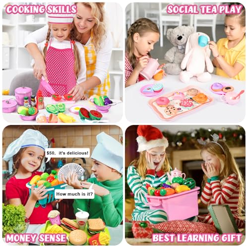 105Pcs Kids Kitchen Playset, Play Kitchen Accessories, Pretend Play Food Tea Party Set, Toy Kitchen Kids Cooking Real with Apron＆Chef Hat, Utensils Cookware, Toy Organizer, Birthday Gift for Toddler