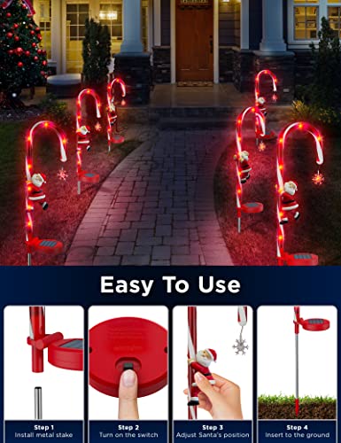 Solar Christmas Decorations Candy Cane Lights, Solar Xmas Pathway Markers Lights, Outdoor Decor Stake with Snowflowers & Santa, Constant & Flash Modes 8 LED Lights for Garden Patio Yard Lawn, 2 Pieces