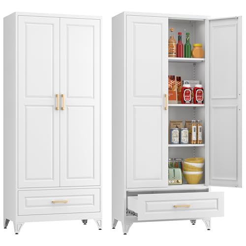 Pantry Cabinet, 71 Inch Tall Kitchen Storage Cabinet, Metal Pantry Cabinet with Doors and Adjustable Shelves, Black Food Cupboard, Freestanding Cabinet for Living&Dinning Room, Assembly Required