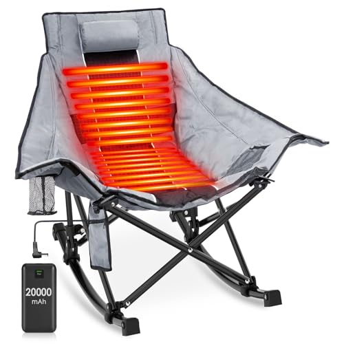 Suteck Heated Rocking Camping Chair, XL Oversized Rocking Chair Outdoor with 3 Heat Levels for Back and Seat, Heated Chairs Outdoor Sports W/20,000mAh Power Bank for Patio Lawn Picnic Travel
