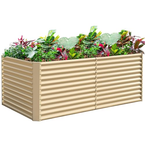 Land Guard 8x4x3ft Rectangular Galvanized Raised Garden Beds, Large-Capacity Metal Planter Box Outdoor, Durable Deep Raised Garden Bed 3ft Tall, Raised Beds for Gardening Vegetables, Cream Yellow