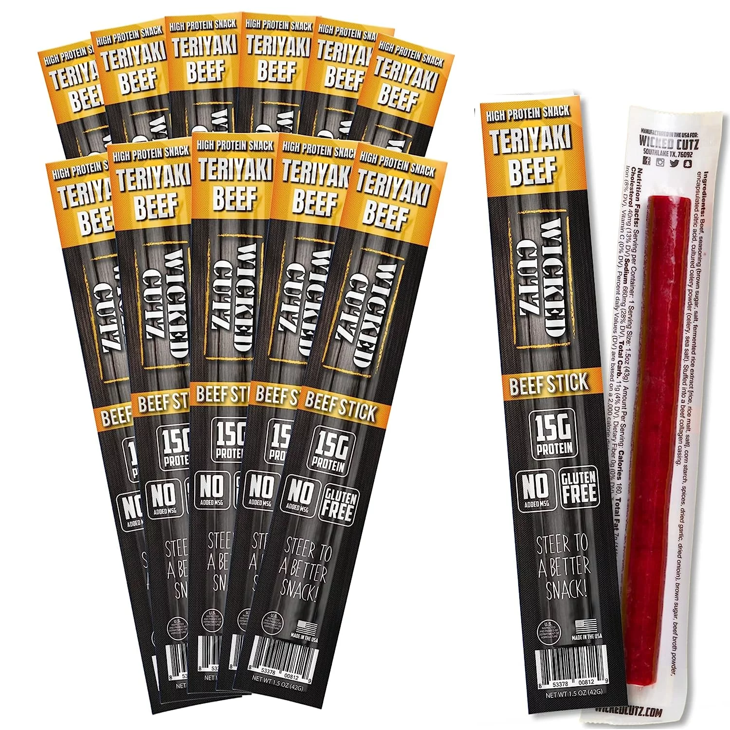 Wicked Cutz Premium Beef Jerky Sticks, High Quality, Protein-Rich, Teriyaki, 1.5 oz, 12-Pack