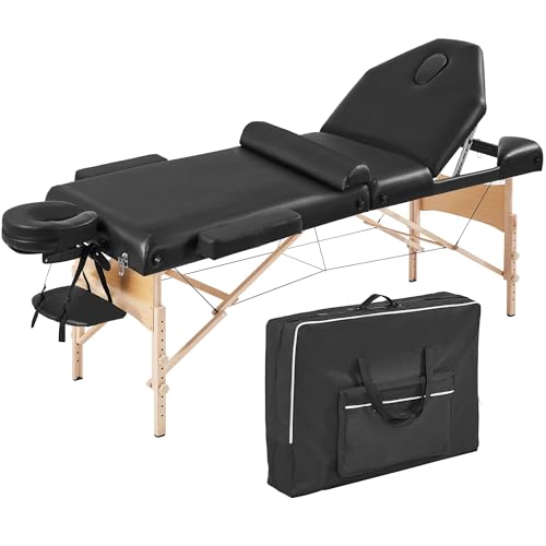 Yaheetech Massage Table Lash Bed for Eyelash Extensions Beauty Tattoo Table Portable with Bolster & Carrying Bag Folding Facial Bed 3 Fold Black