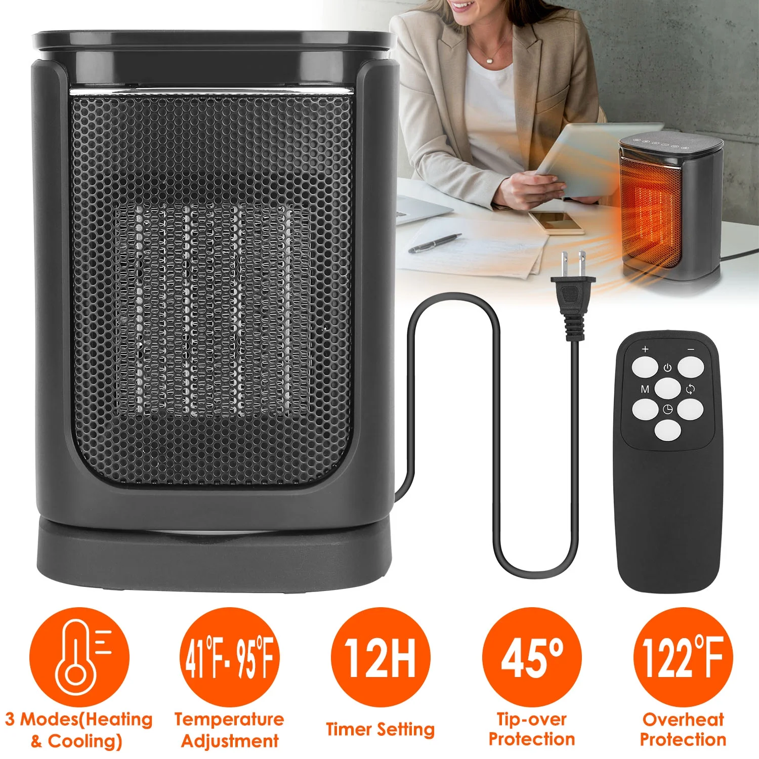 Space Heater, iMounTEK 1500W Portable Heater for Bedroom, 90° Fan, LED Display, Black