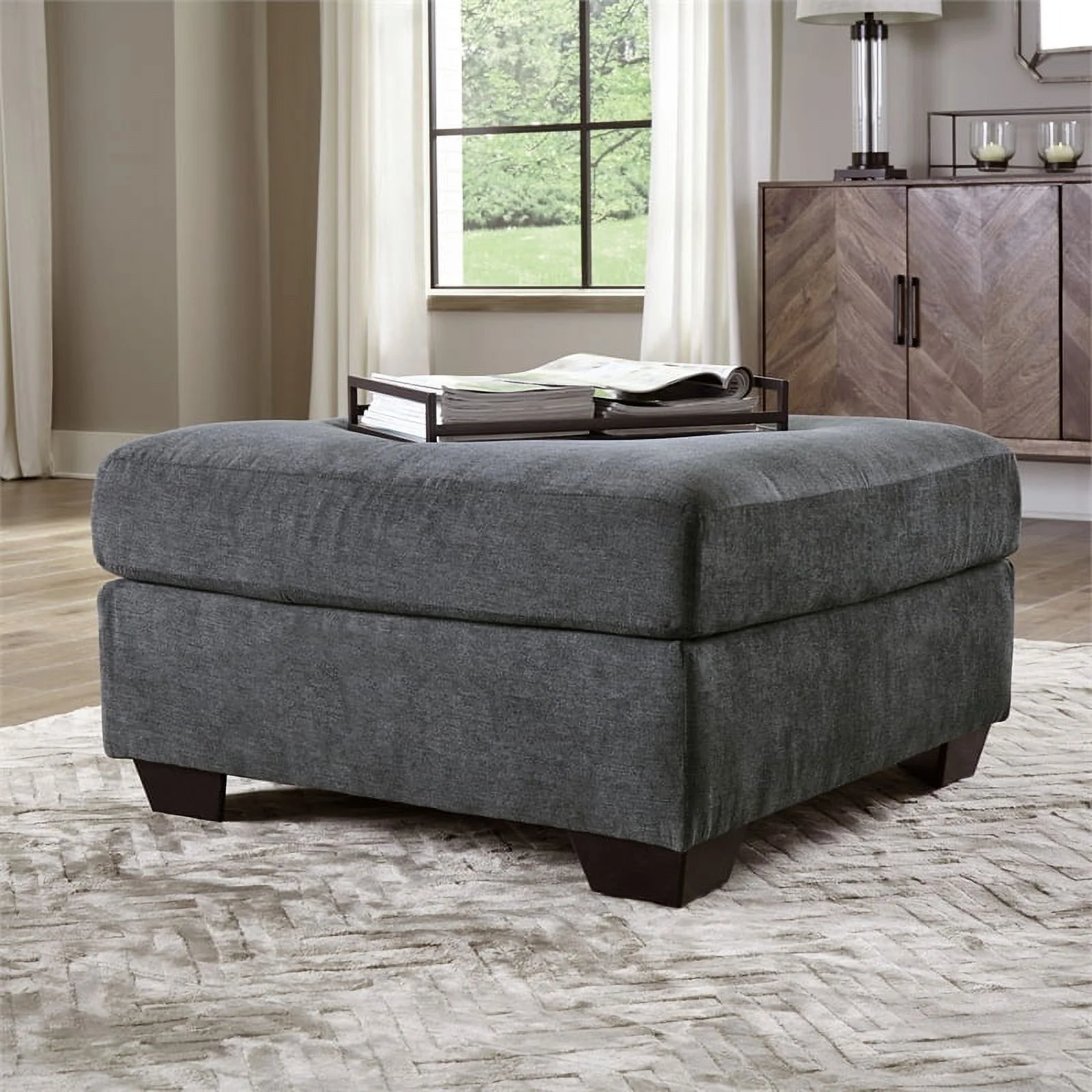 Bowery Hill Modern Fabric Oversized Accent Ottoman in Gray & Black