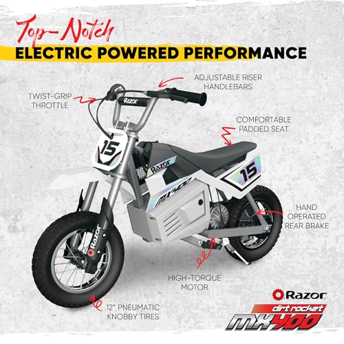 Razor MX400 Dirt Rocket - Electric-Powered Dirt Bike for Kids 8+, Up to 14 MPH, High/Low Speed Switch, Up to 60 Minutes Ride Time