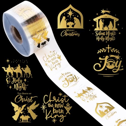 1000Pcs Clear Christmas Stickers Roll Gold Foil Nativity Scene Stickers Xmas Winter Holiday Round Adhesive Label Sticker Decal for Xmas Envelopes Invitations Cards Gifts Decor, 6 Designs