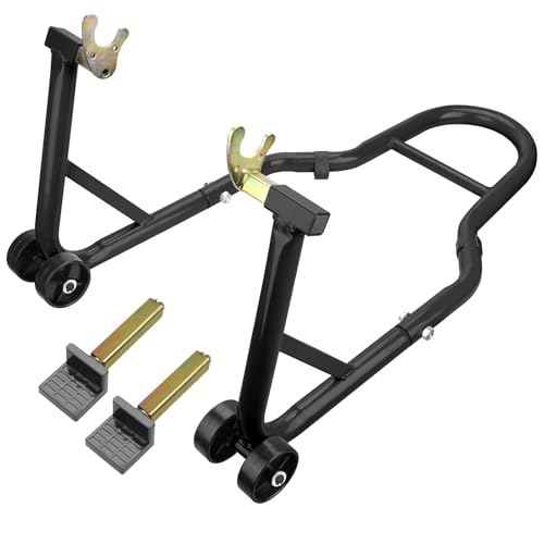 Motorcycle Stand‌ & ‌Lift‌ Combo 882LBS ‌Motorcycle Jack‌ Front/Rear Wheel Stand Universal Fit for Sport Bikes (Yamaha/Kawasaki), Garage/Driveway Use by Mechanics (Black)