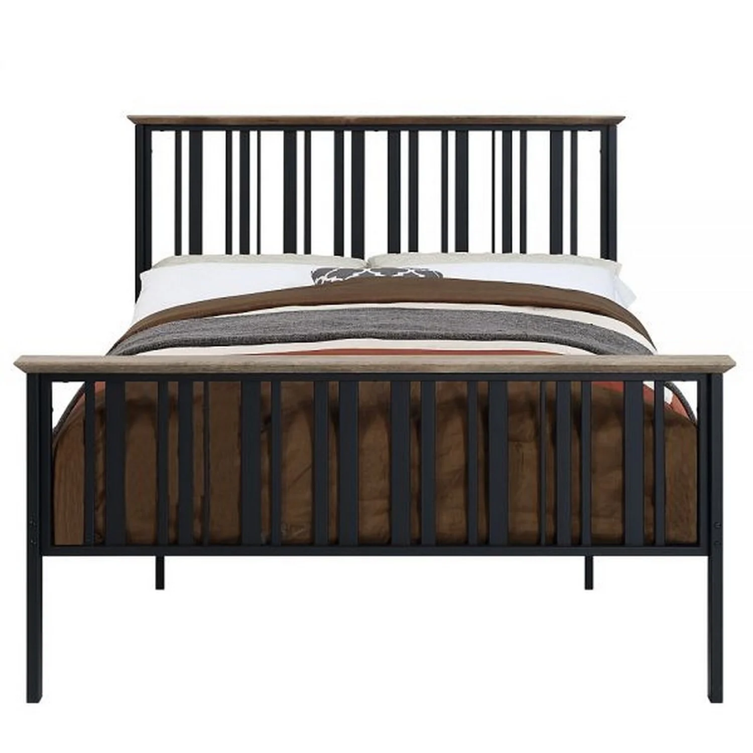 BenJara Nori Full Bed with Slatted Metal Frame, MDF Wood, Oak Brown and Black