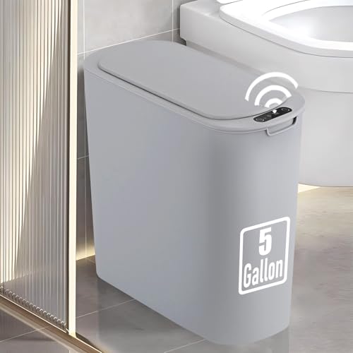 5 Gallon Motion Senor Bathroom Trash Can with Lid, Automatic Garbage Can Touchless, Smart Plastic Waste Basket for Narrow Spaces, Bathroom, Office, Bedroom, Living Room (Black)