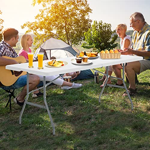 Goplus 6ft Folding Table, Indoor Outdoor Foldable Plastic Folding Tables, Heavy-Duty Rectangular Fold Up Table w/Handle, Portable Utility Card Table for Picnic, Party, Dining, Camping, Beach, White