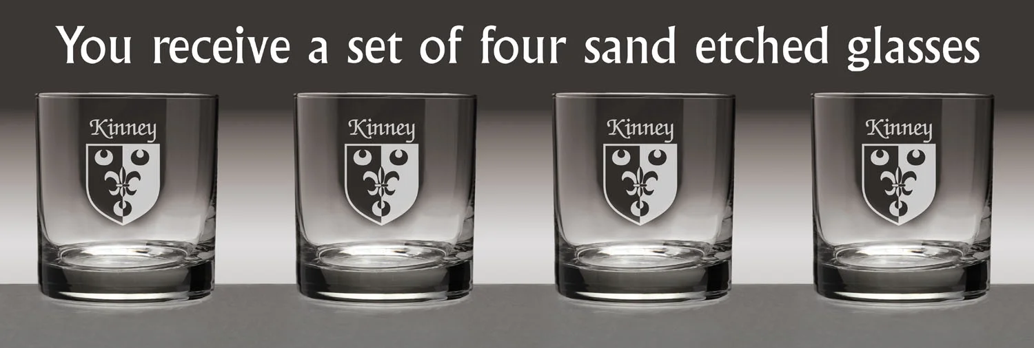 Kinney Irish Coat of Arms Tumbler Glasses - Set of 4 (Sand Etched)