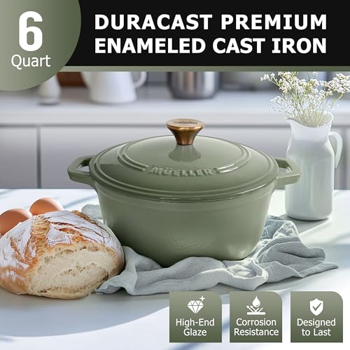 Mueller 6qt Enameled Cast Iron Dutch Oven, Heavy-Duty Casserole and Braiser Pan with Lid and Knob, Oven-Safe up to 500° F & Across All Cooktops, White