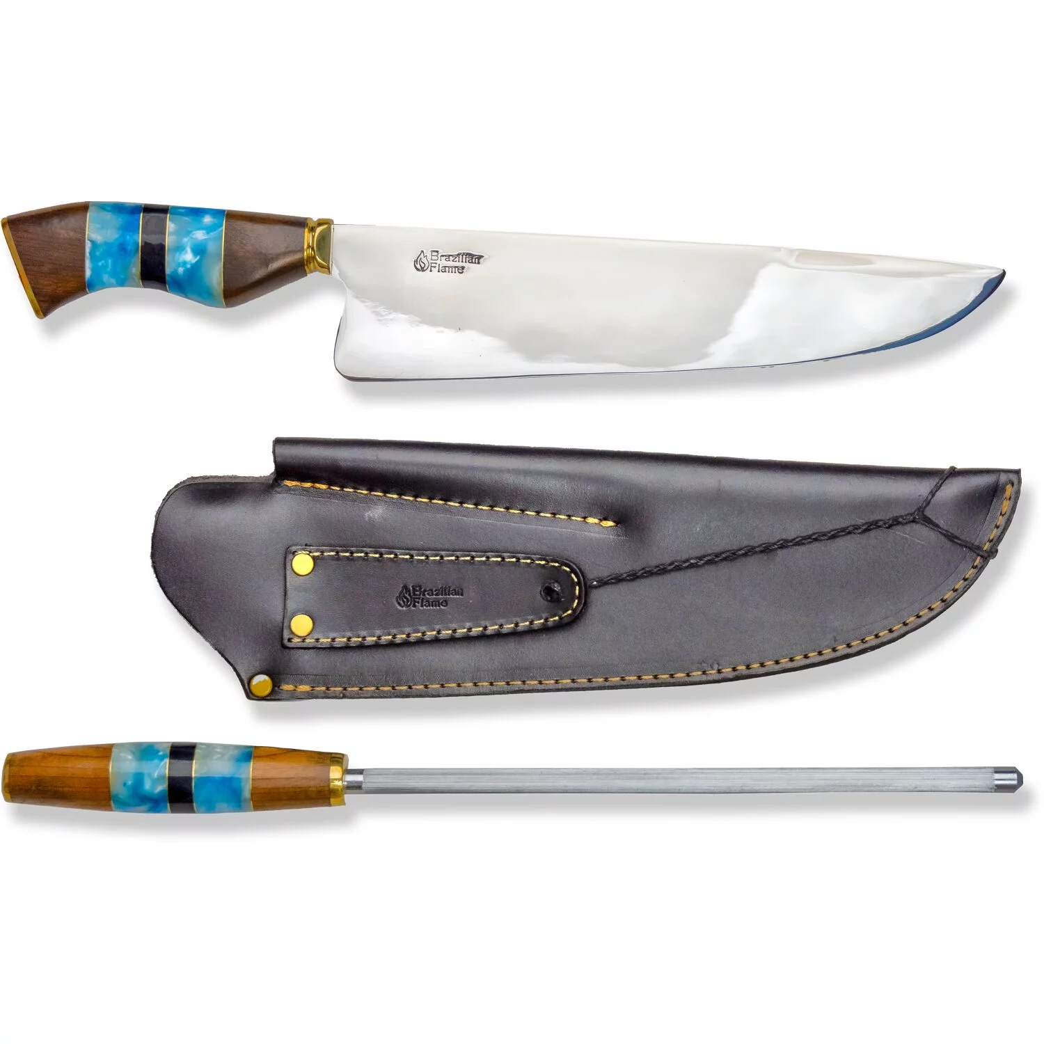 Brazilian Flame Chef Picanha 10-inch Stainless Steel Knife Set with Sharpener in Blue
