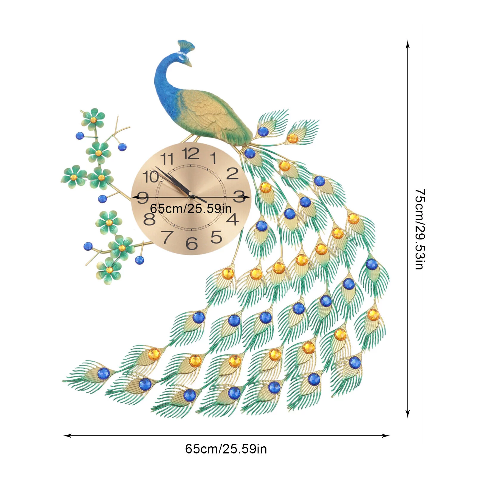 Modern Luxury Peacock Wall Clock 3D Metal 8.26" Big Watch Art Home Decoration Modern Victorian Peacock Large Wall Clock Luxury Metal Watch Living Room Decor Colorful Wall Clock Luxury Metal