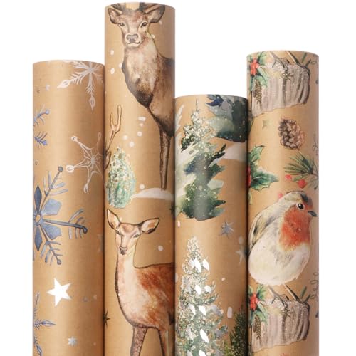Ribbli 4 Rolls Christmas Wrapping Paper Vintage Kraft Wrapping Paper, 30 x 120 inch(10ft) Per Roll, 100 Sq Ft Total, Brown Kraft Paper with Winter Elements Pattern Snowflake/Tree/Reindeer/Bird