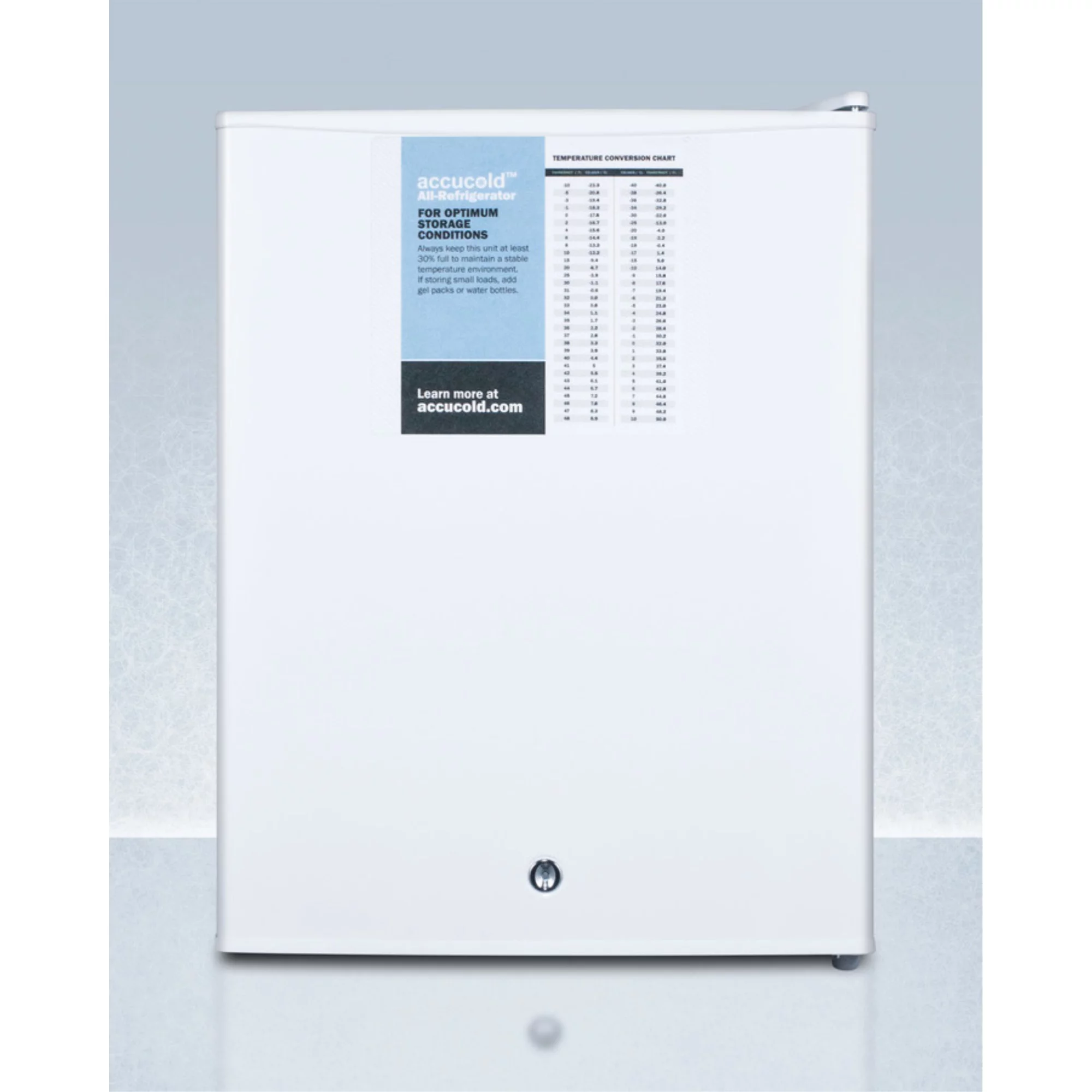 Compact auto defrost all-refrigerator with digital thermostat, internal fan, front lock, and probe hole for user-installed monitoring equipment