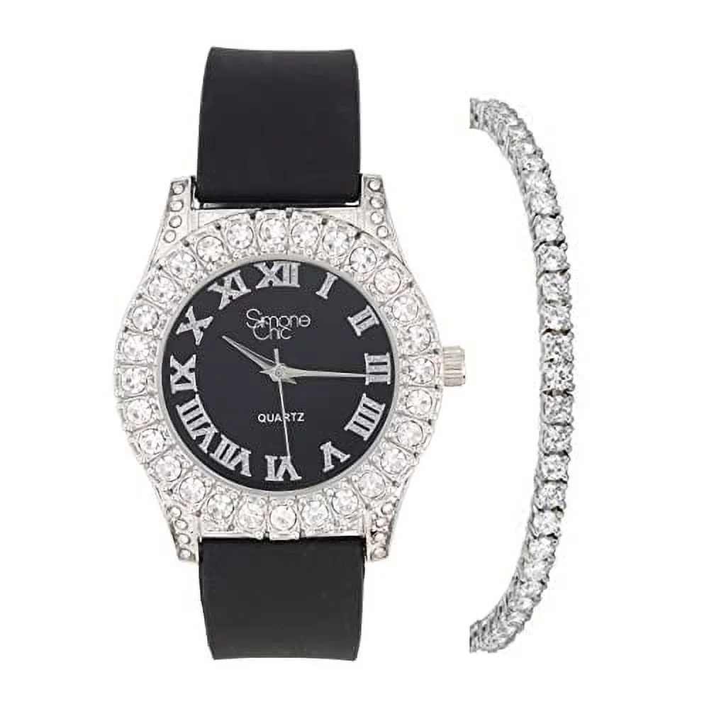 Simone Chic. Women's Big Rocks Fully Iced Bezel Colored Dial w/Easy Reader Roman Numerals Colorful Rubber Band Watch - ST10357LA (2pcSet SLV Night Blk)