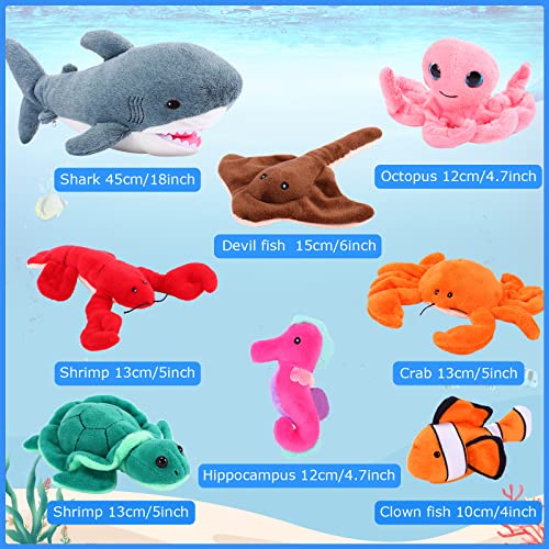 Zomiboo 18 Inch Great Shark Plush with 7 Pcs of Soft Stuffed Sea Animals Include Manta Ray, Seahorse, Crab, Clown Fish, Turtle, Octopus and Lobster, Gift for Friend