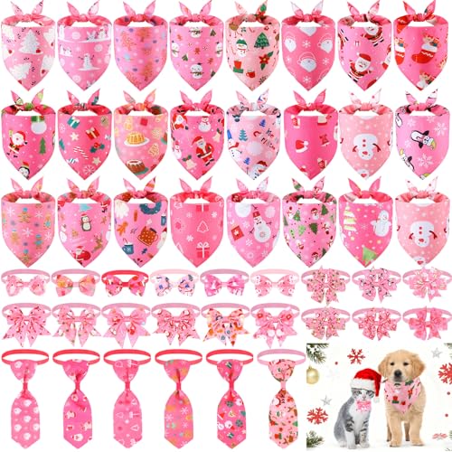 Thinkday 48 Pcs Pink Christmas Dog Bandanas Bow Collars and Ties Set Bulk Santa Xmas Tree Pet Scarf Adjustable Bows Neck Tie and Collars Pet Christmas Outfit for Medium Large Dogs Holiday Costume