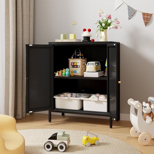 2 Metal Door Accent Storage Cabinet for Bedroom, Living Room,Bedside, Office Room,Kitchen-Small Metal Locker Cabinet with 1 Adjustable Shelves-2-Tier (Square Door, White)