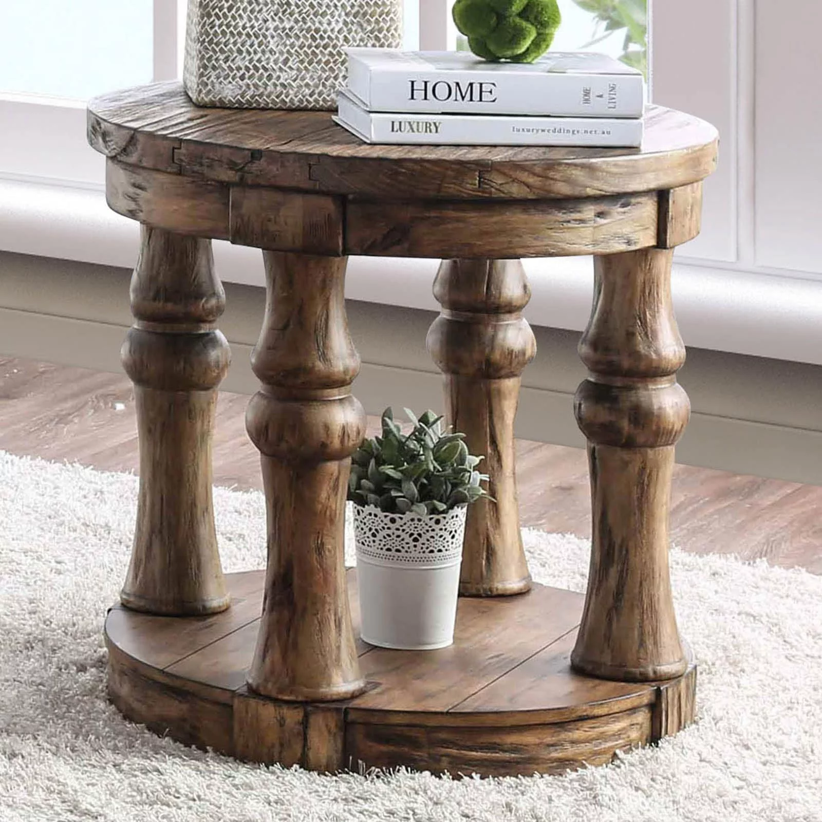 Simple Relax Wooden Round End Table With Open Shelf Antique Oak Oval