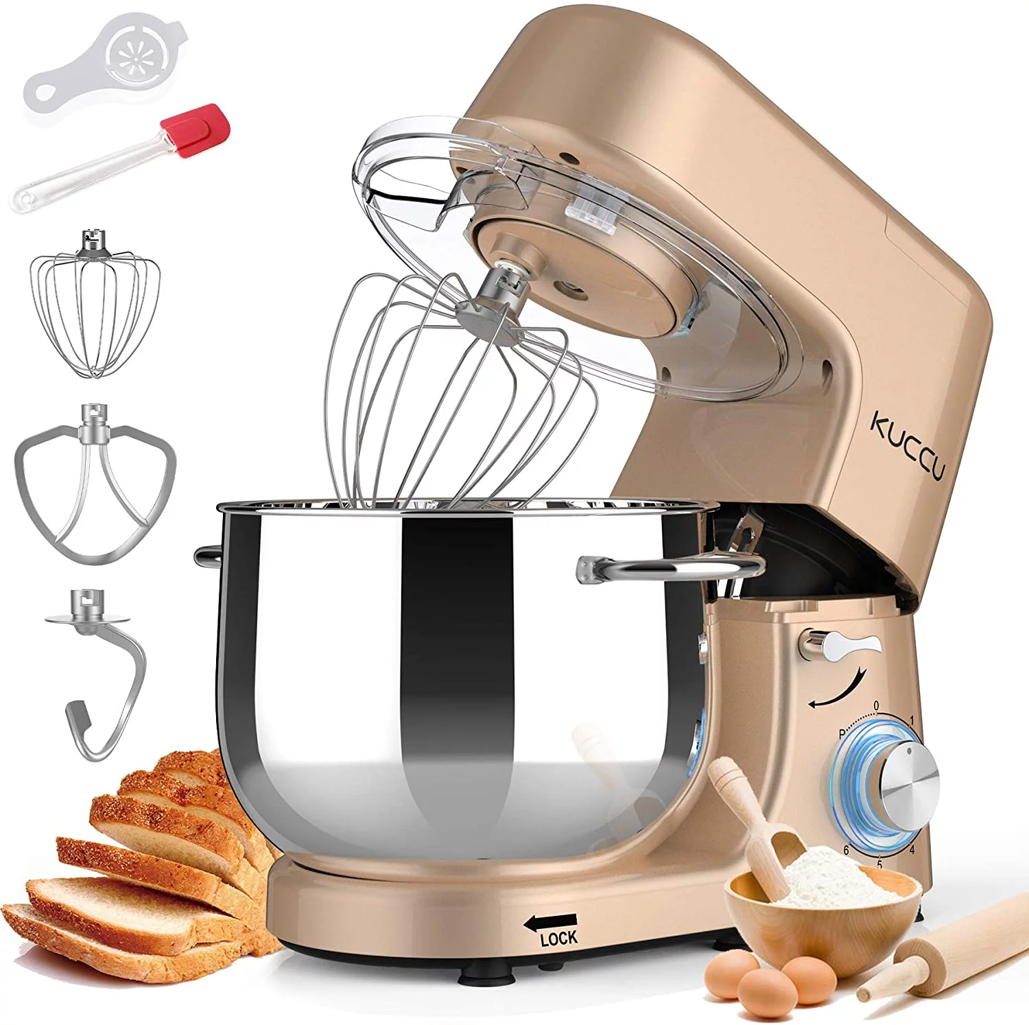 Kuccu Stand Mixer, 8.5 Qt 660W, 6-Speed Tilt-Head Food Dough Mixer, Electric Kitchen Mixer with Dough Hook, Flat Beater & Wire Whisk, Mixing Bowl (8.5-QT, Gold)