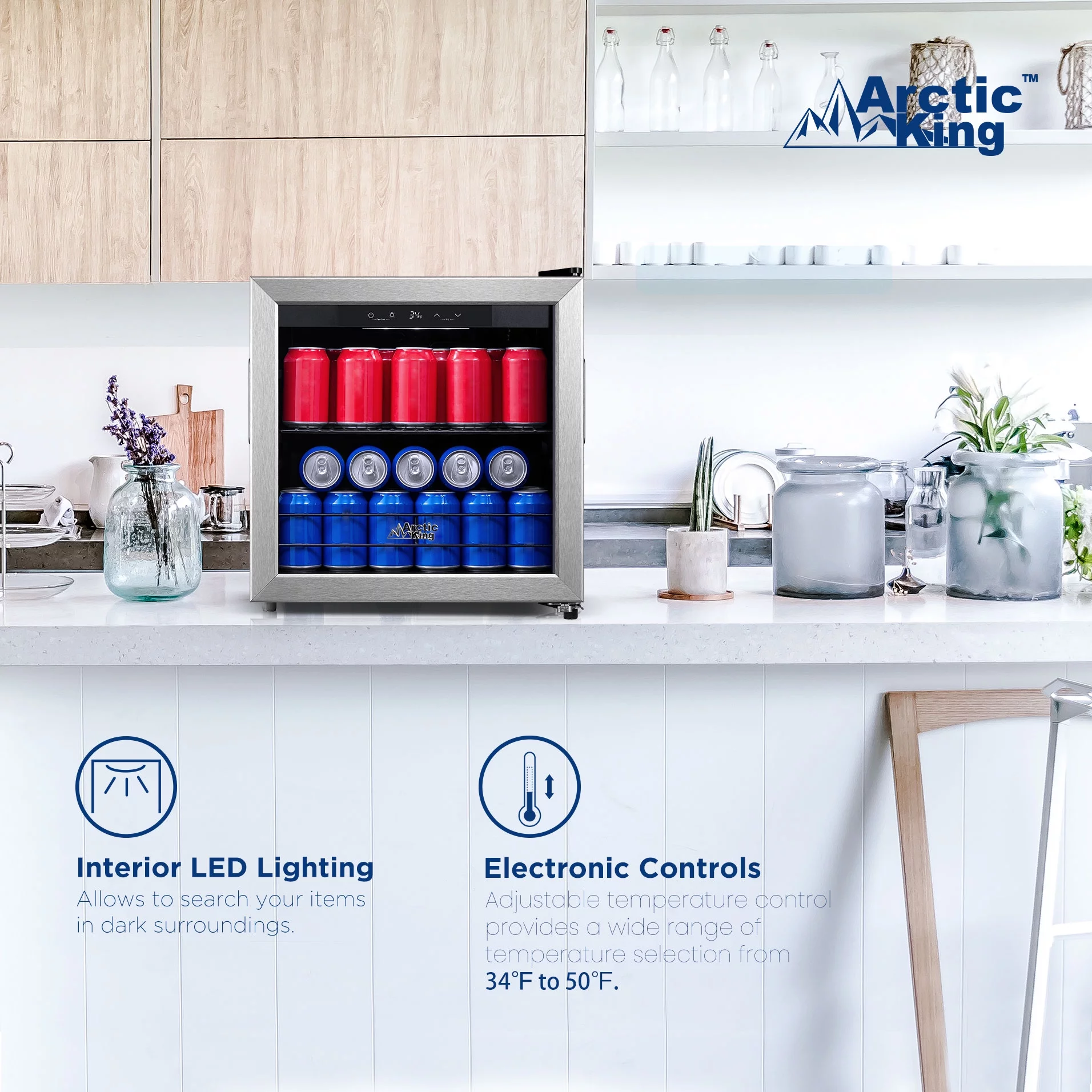 Arctic King 48-Can Beverage Fridge & Cooler with Electrical Control, Stainless Steel Look, ARV48B1AST