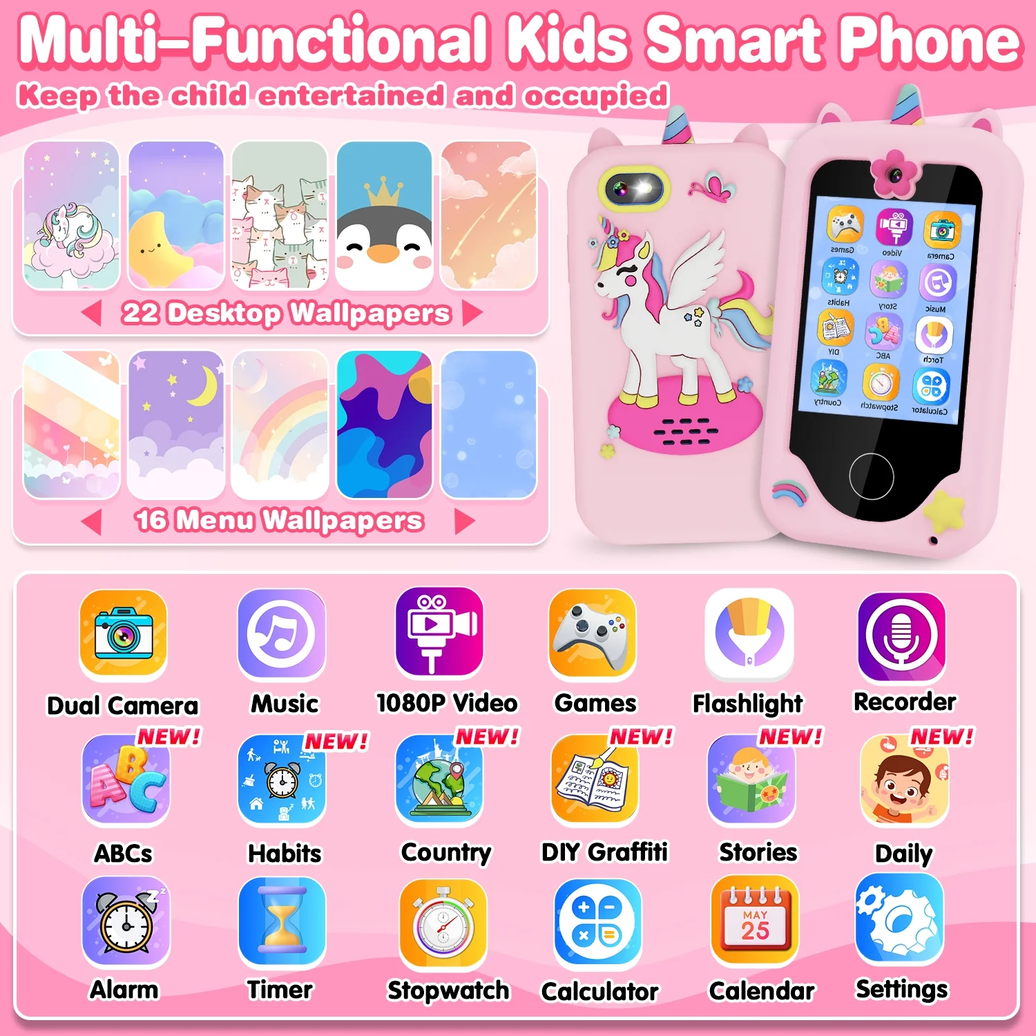 Kids Smart Phone Toy for Girls 3 4 5 6 Year Old, MP3 Music Player, Dual Camera Travel Toys with Educational GamesToddler Unicorn Gifts Touchscreen Pretend Play Phones for 3-8 Year Old with 8G SD Card