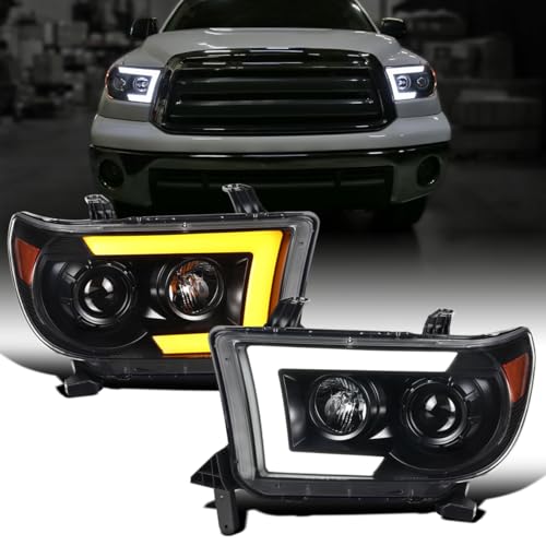 Fits 2007-2017 Toyota Tundra Sequoia Projector Headlights LED Switchback Sequential Turn Signals Replacement Assembly Pair | Black